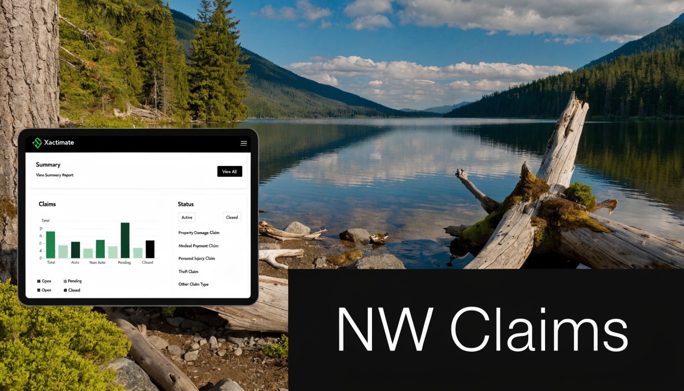 A digital tablet displaying Xactimate claim analytics dashboard set against a scenic lake and mountain landscape.