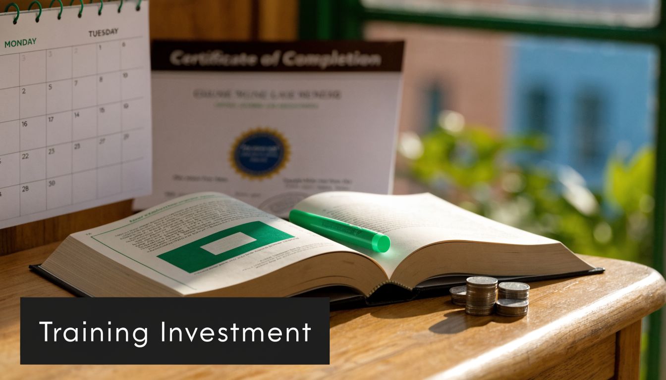 A wooden table displaying an open textbook, a green marker, a calendar, a certificate, and stacked coins.