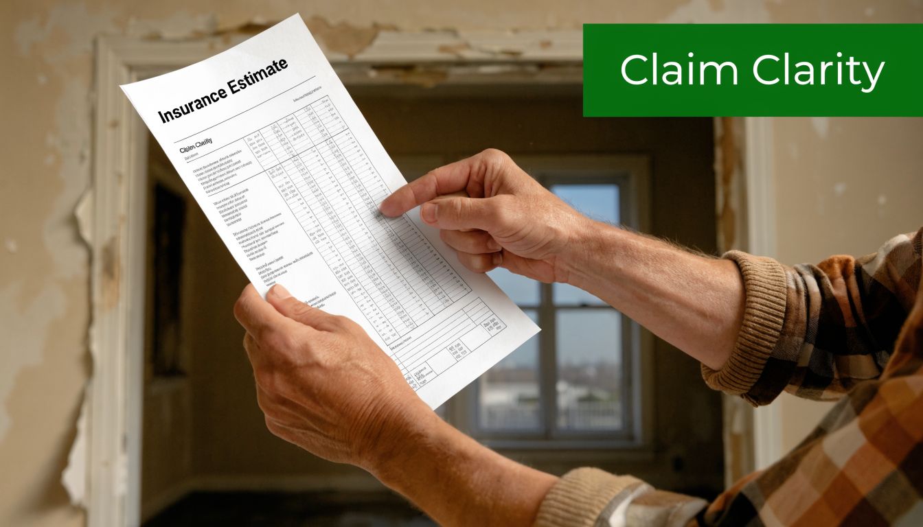 A person reviewing an insurance estimate document related to construction repairs in a room undergoing renovation.