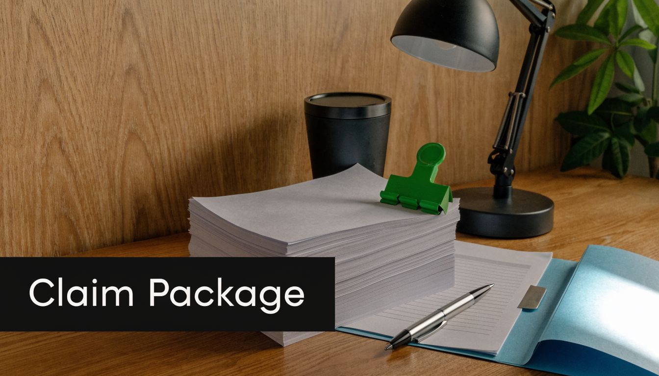 A stack of papers with a green binder clip next to a pen, folder, and lamp on a desk.