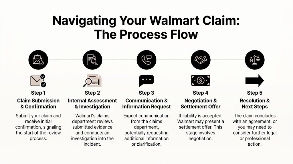 A process flow chart illustrating the five-step procedure for navigating a Walmart claims department insurance claim.