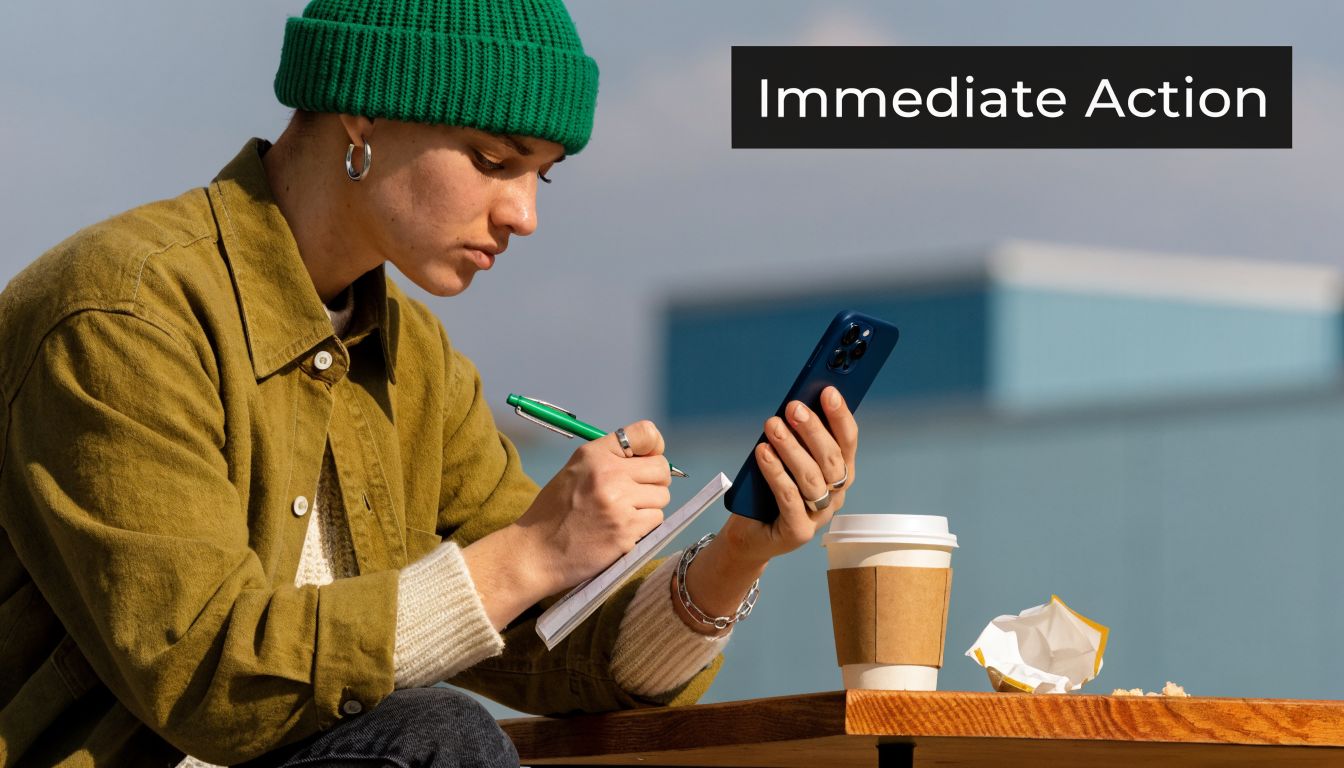 A person wearing a green beanie writing notes in a small pad while holding a smartphone outdoors.