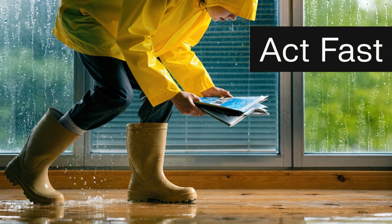 A person in a yellow raincoat and boots cleaning up water from a flooded indoor wooden floor.