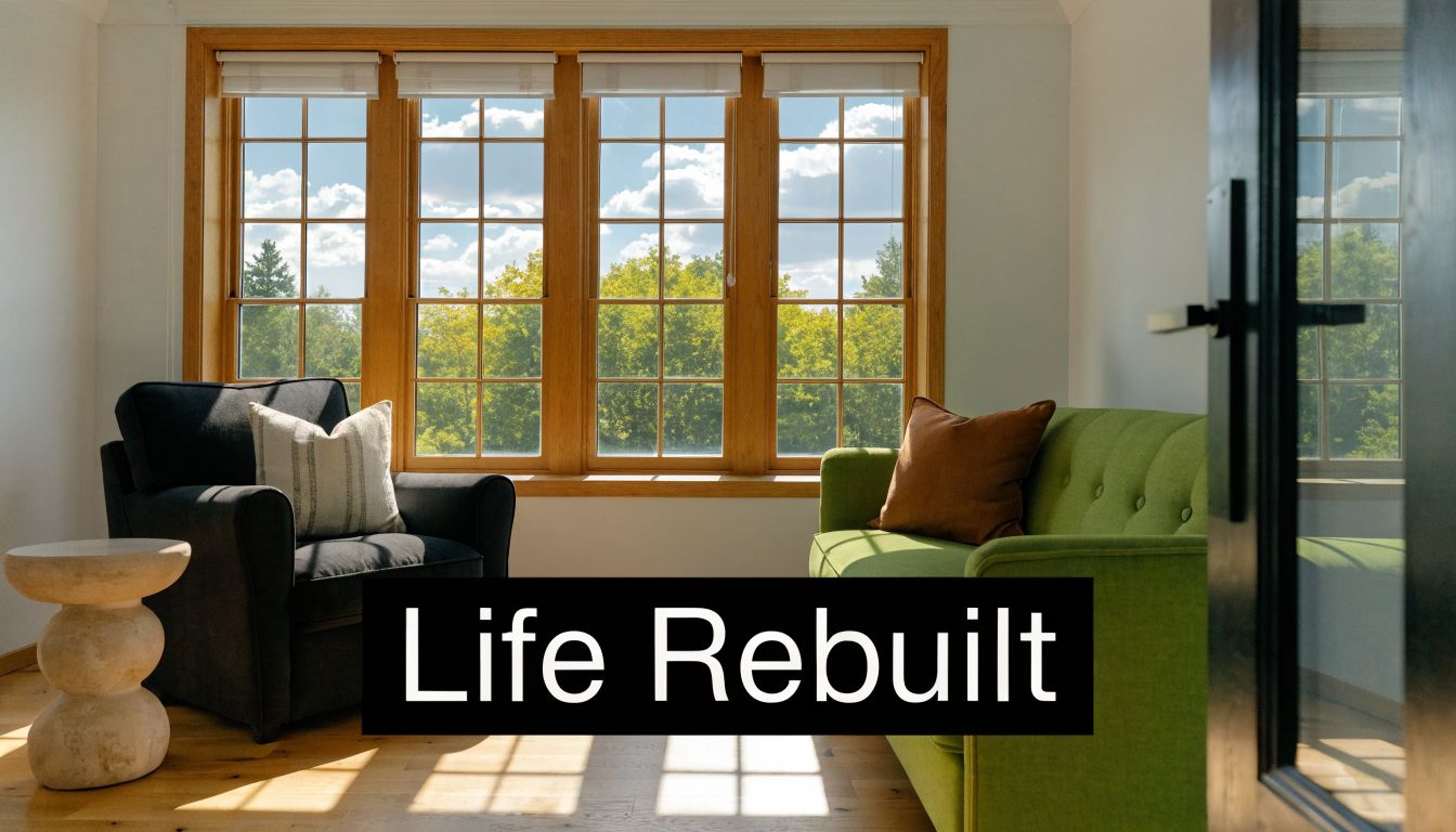 A cozy, sunlit living room featuring a green sofa, dark armchair, and large wooden windows overlooking trees.