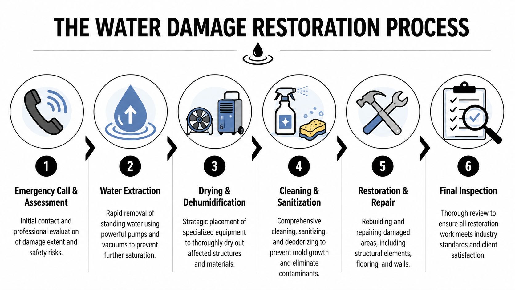 A flowchart showing the six-step professional water damage restoration process from emergency call to final inspection.