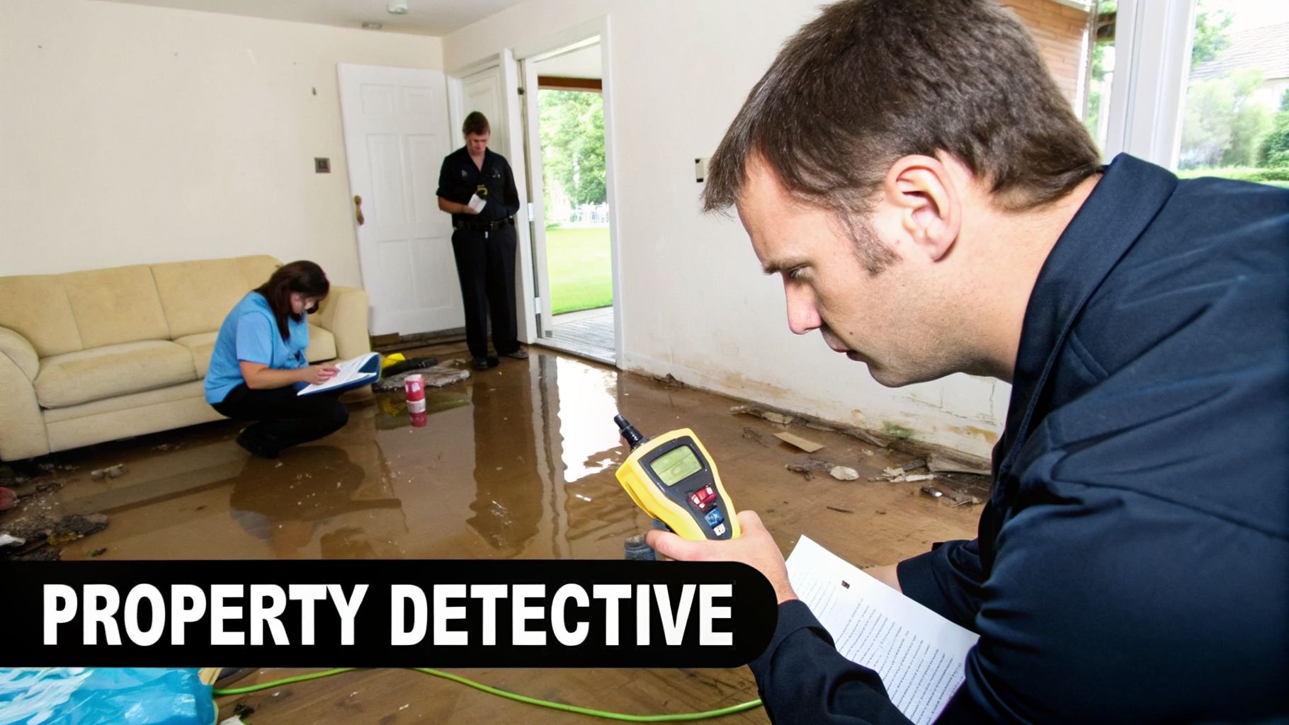 Property investigators examine a flooded room with damaged floors and walls, using a moisture meter.