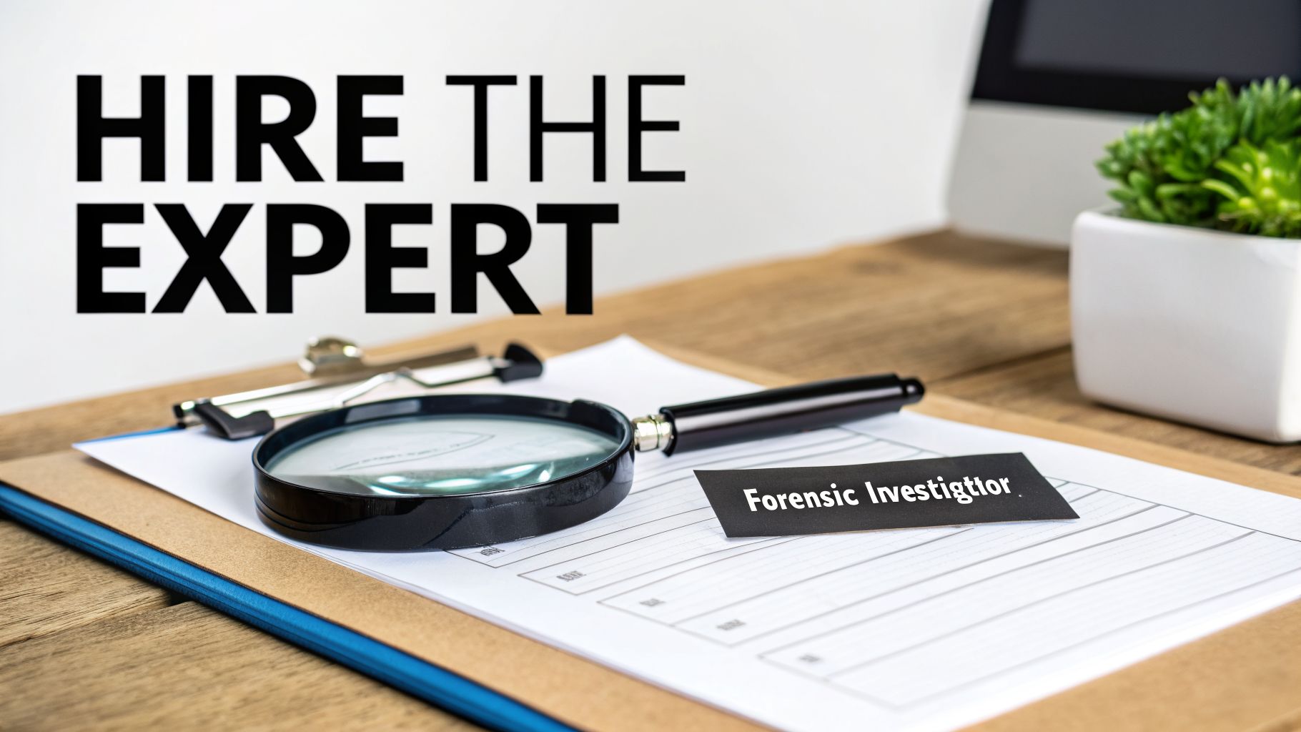 A magnifying glass and 'Forensic Investigator' tag on a desk with papers, emphasizing 'Hire the Expert'.