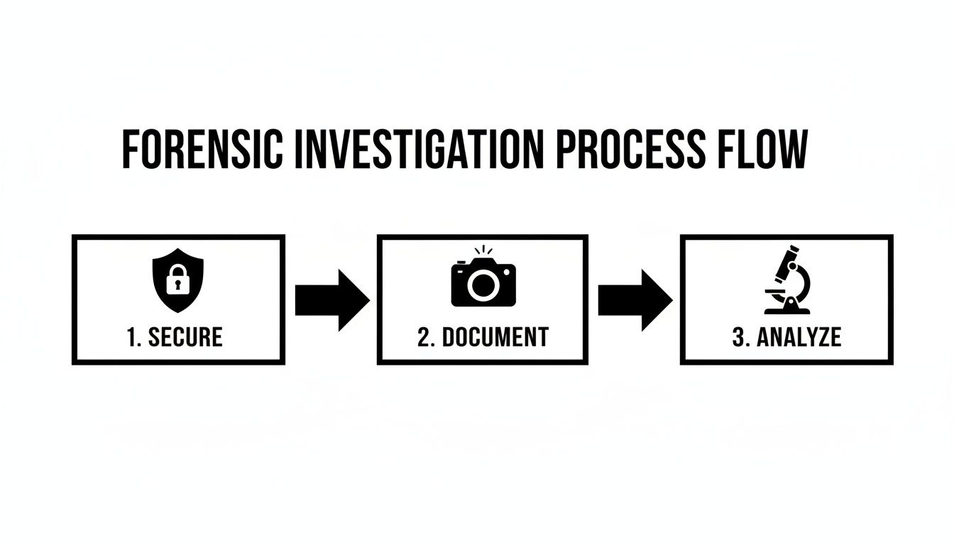 A flowchart illustrating the forensic investigation process: Secure, Document, and Analyze steps with icons.