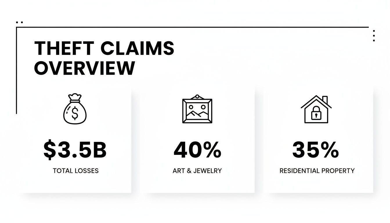 Infographic displaying theft claims overview with total losses, art & jewelry, and residential property percentages.