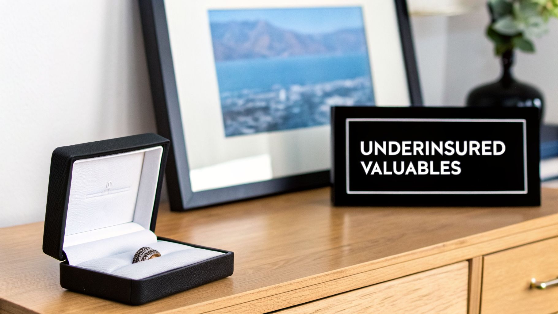 A ring in an open black box sits on a wooden dresser next to a sign reading 'UNDERINSURED VALUABLES'.