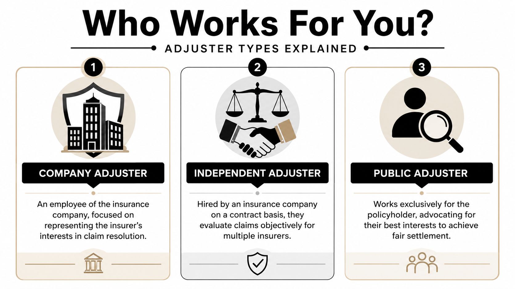 A chart explaining the differences between company, independent, and public insurance adjusters and who they represent.