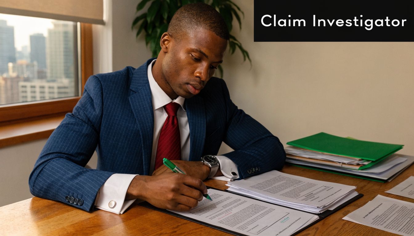 A professional claim investigator in a suit reviewing and signing important documents at a wooden office desk.