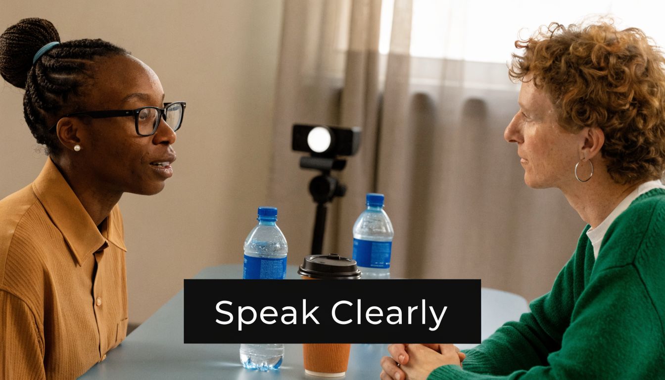 A professional meeting between two colleagues talking at a table with water bottles and a cup.