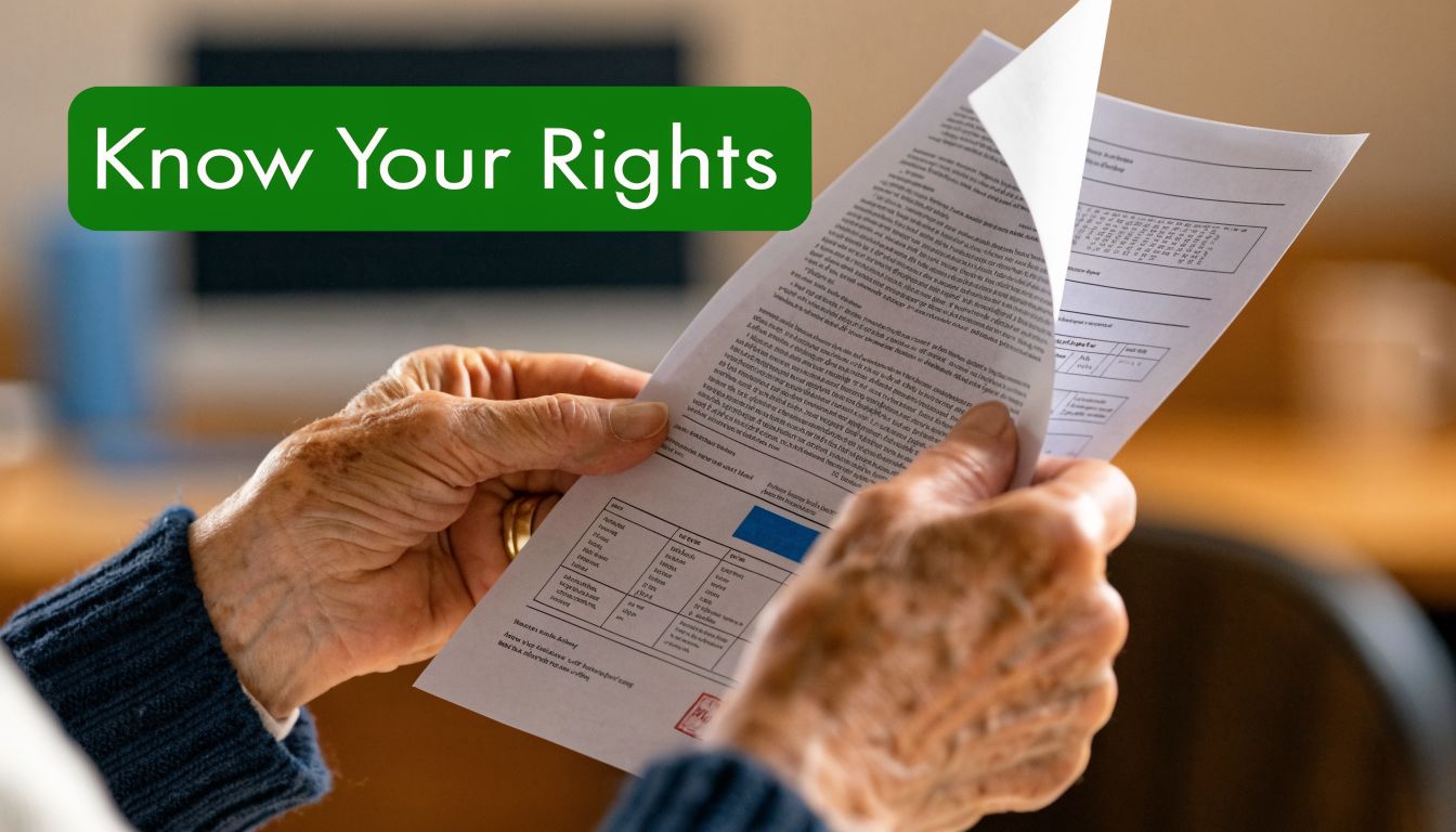 An elderly person holding and reading official legal documents related to their rights and benefits.