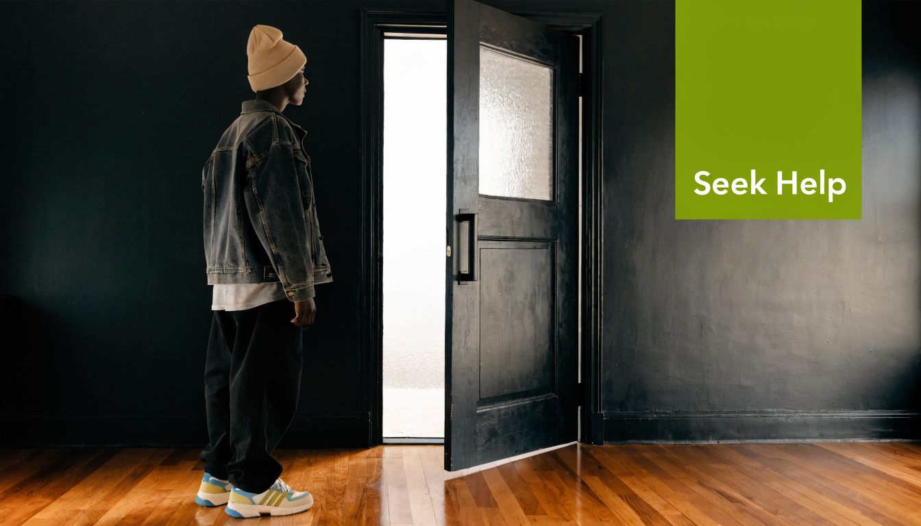 A young person wearing a beanie and denim jacket standing in a dark room looking at an open door