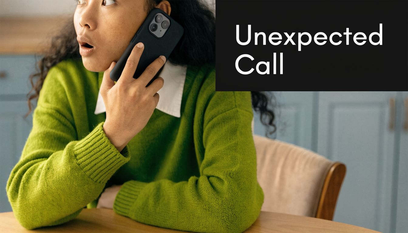 A young person with a surprised expression holding a smartphone to their ear during a phone conversation.