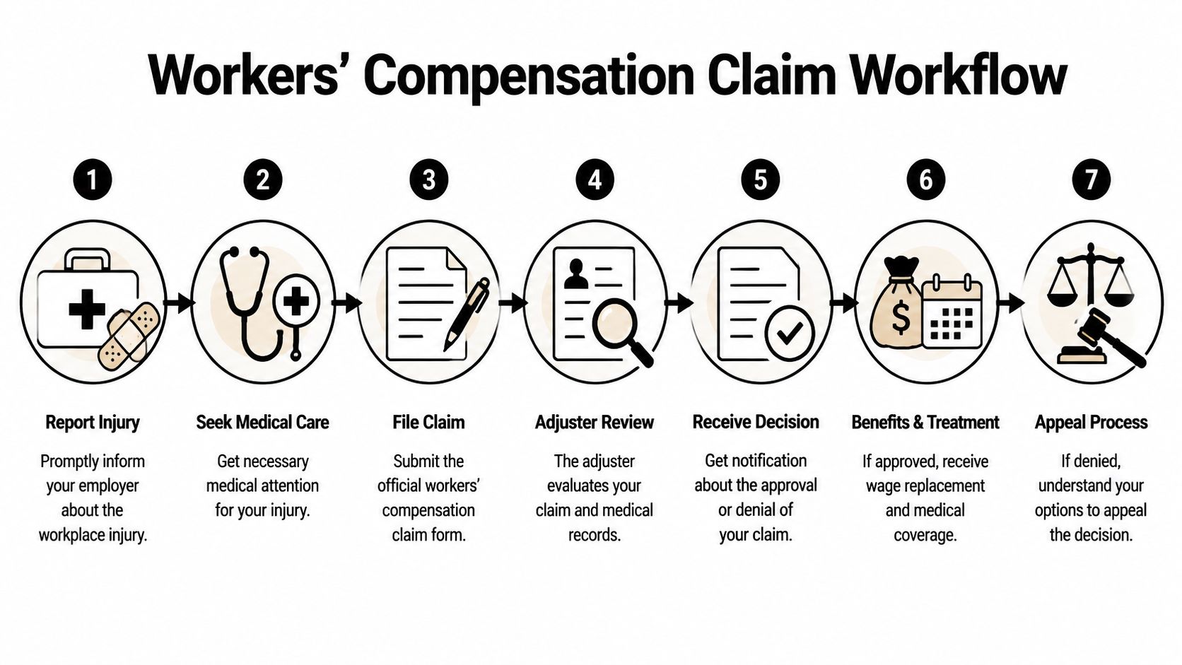 A seven-step workflow diagram illustrating the process for filing a workers' compensation claim after an injury.