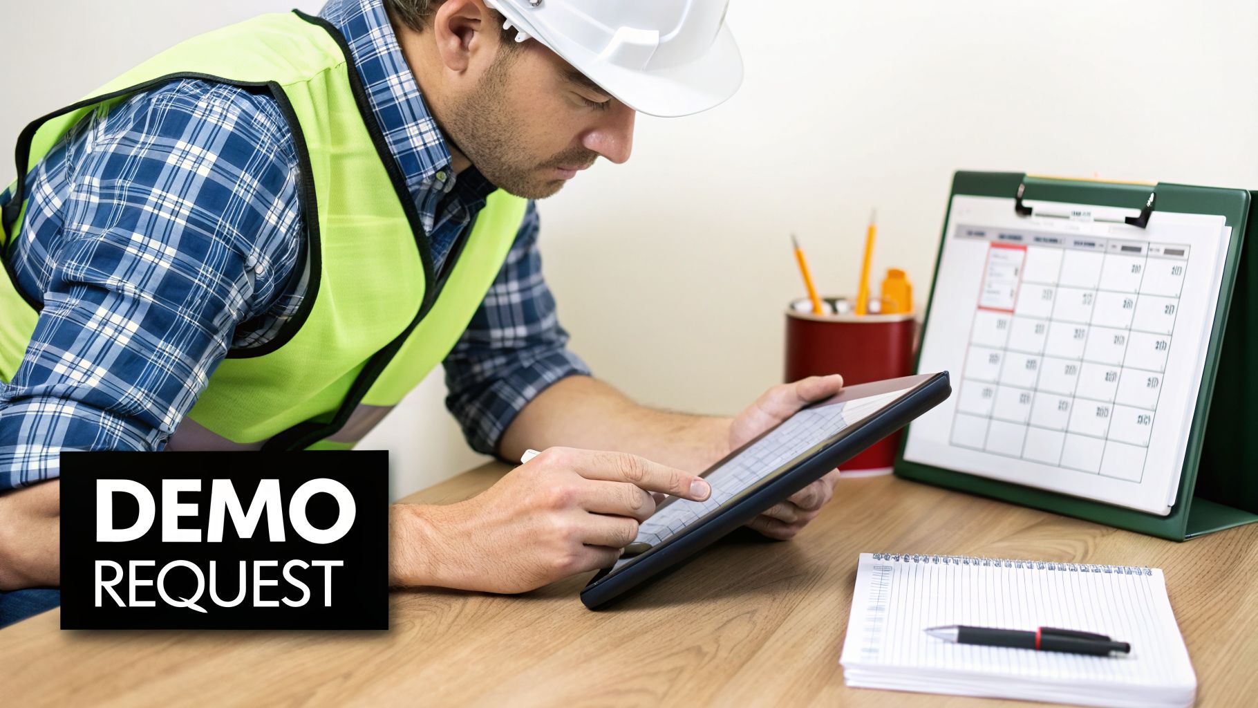 A man in a hard hat and safety vest works on a tablet at a desk with a calendar.