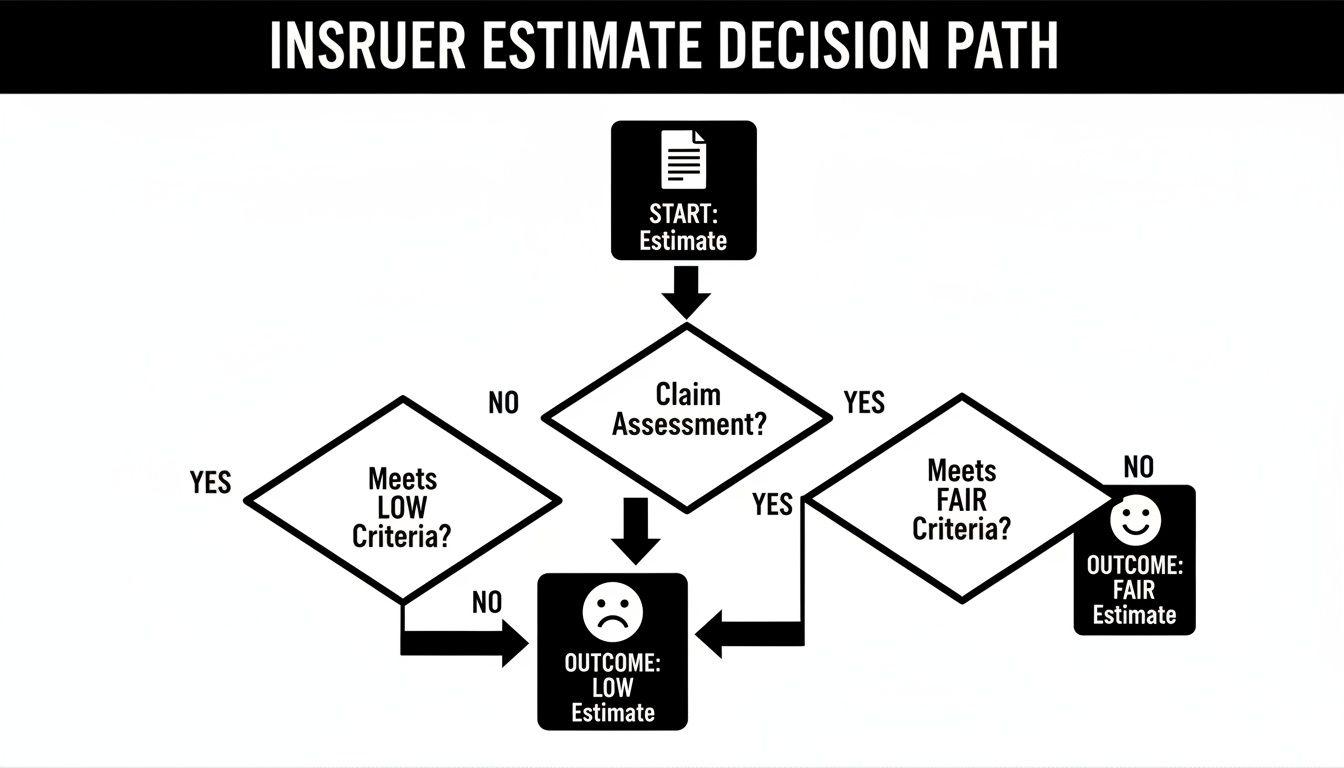 Flowchart illustrating an insurer's estimate decision path, from claim assessment to low or fair outcomes.