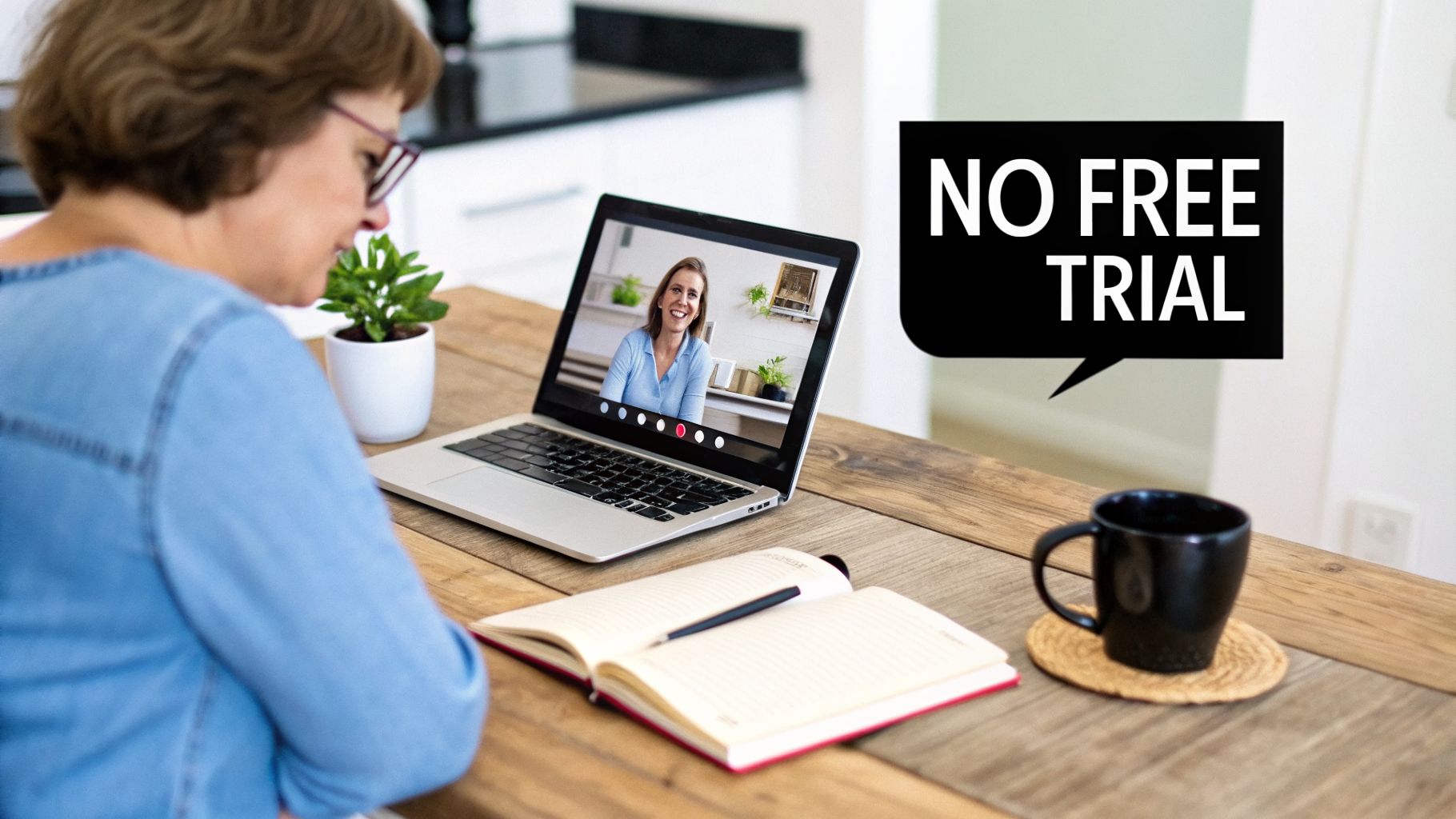 A woman on a video call on a laptop, with a 'NO FREE TRIAL' speech bubble visible.