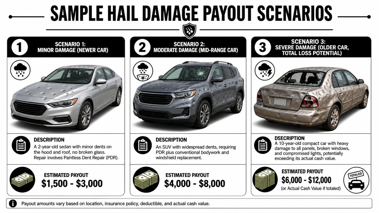 A chart detailing sample insurance payout scenarios for car hail damage ranging from minor to severe.