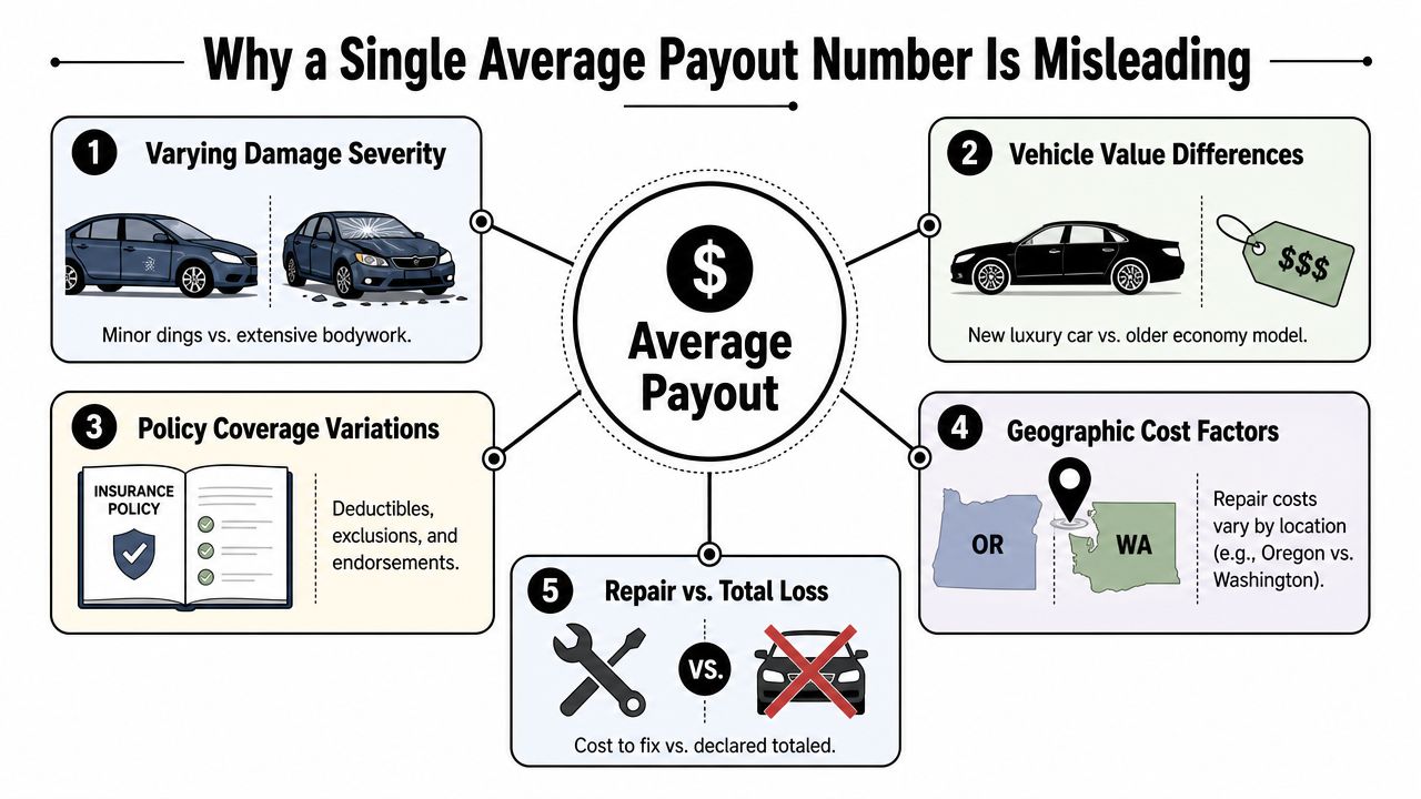 An infographic explaining why a single average insurance payout number can be misleading for car damage.