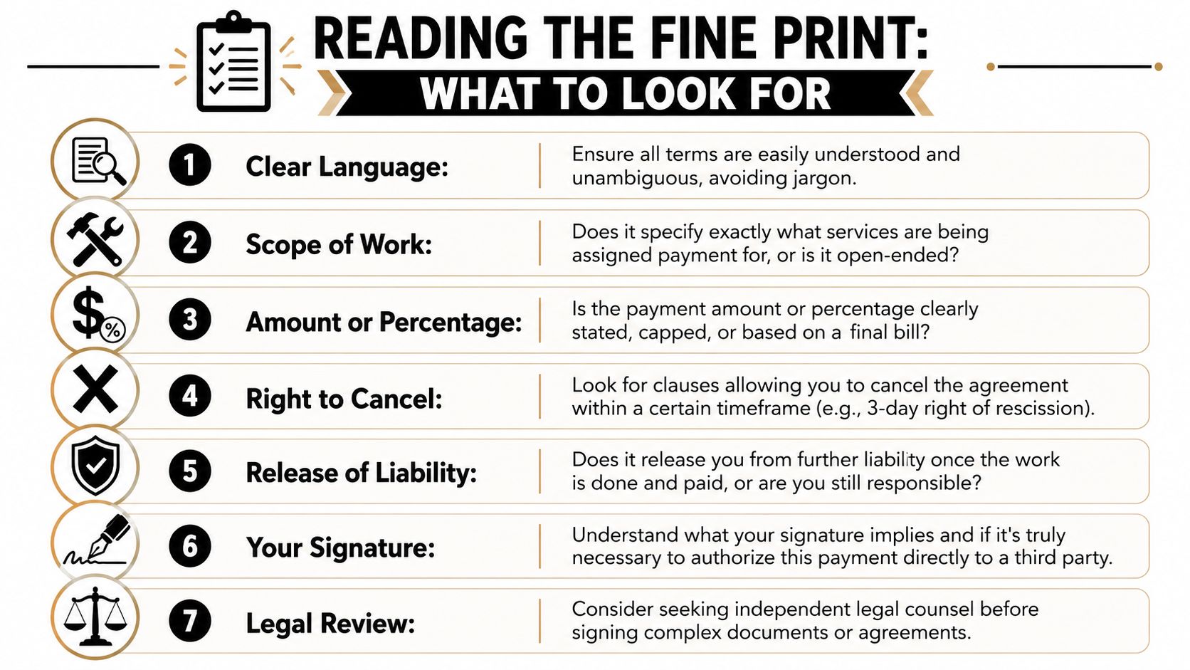A checklist infographic titled Reading The Fine Print outlining seven key steps for reviewing legal agreements.