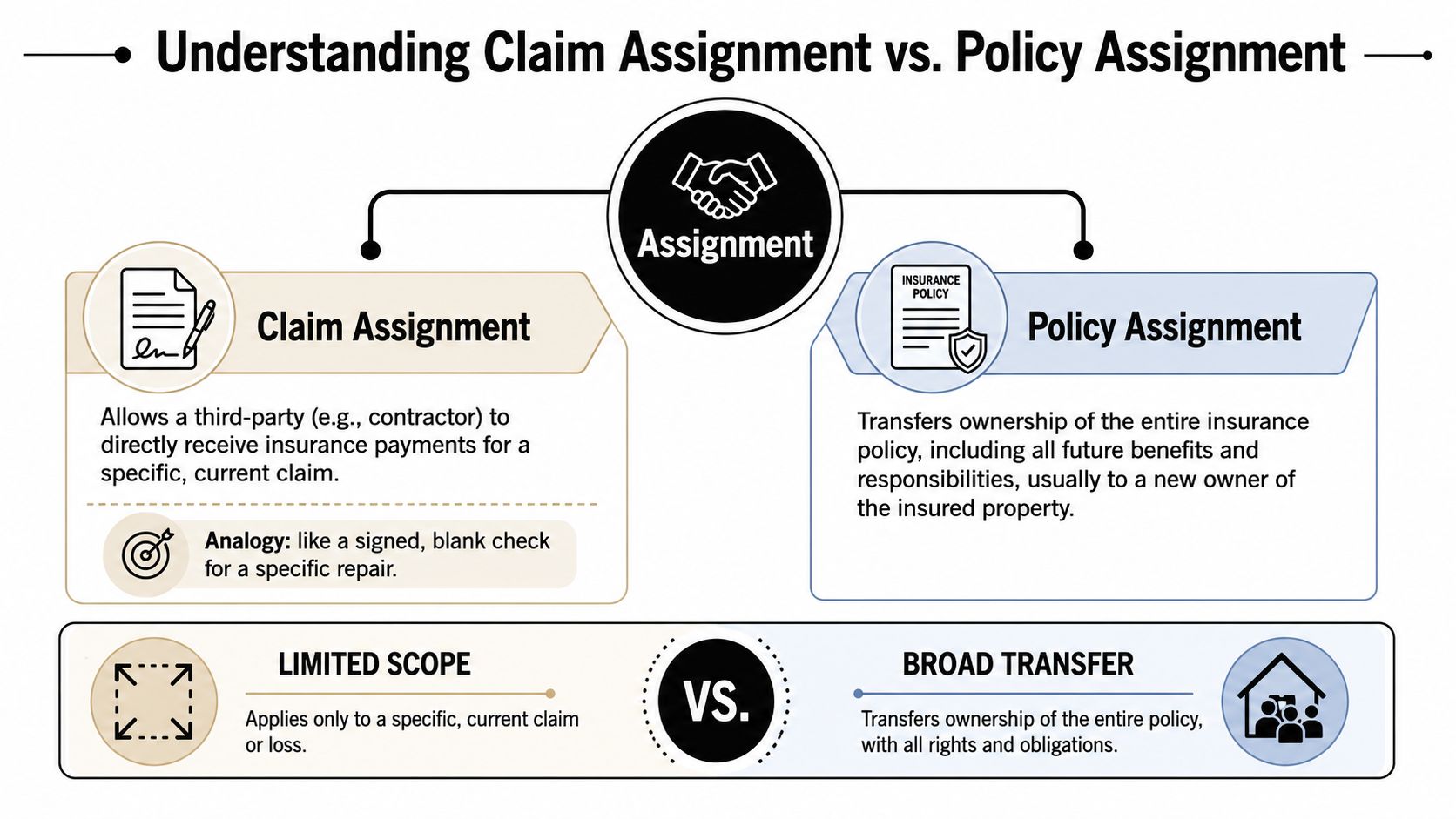 A comparison infographic explaining the differences between insurance claim assignment and full policy assignment for property owners.