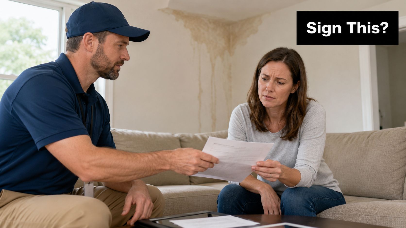 A service technician hands a document to a concerned homeowner in a living room with water damage.