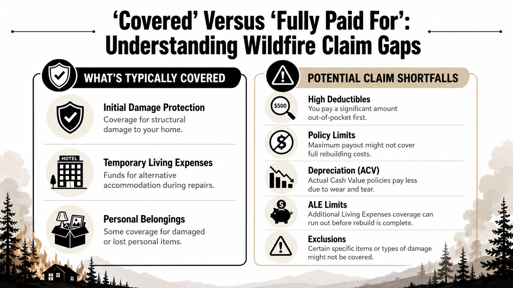 An infographic detailing the differences between typical wildfire insurance coverage and potential claim shortfalls for homeowners.