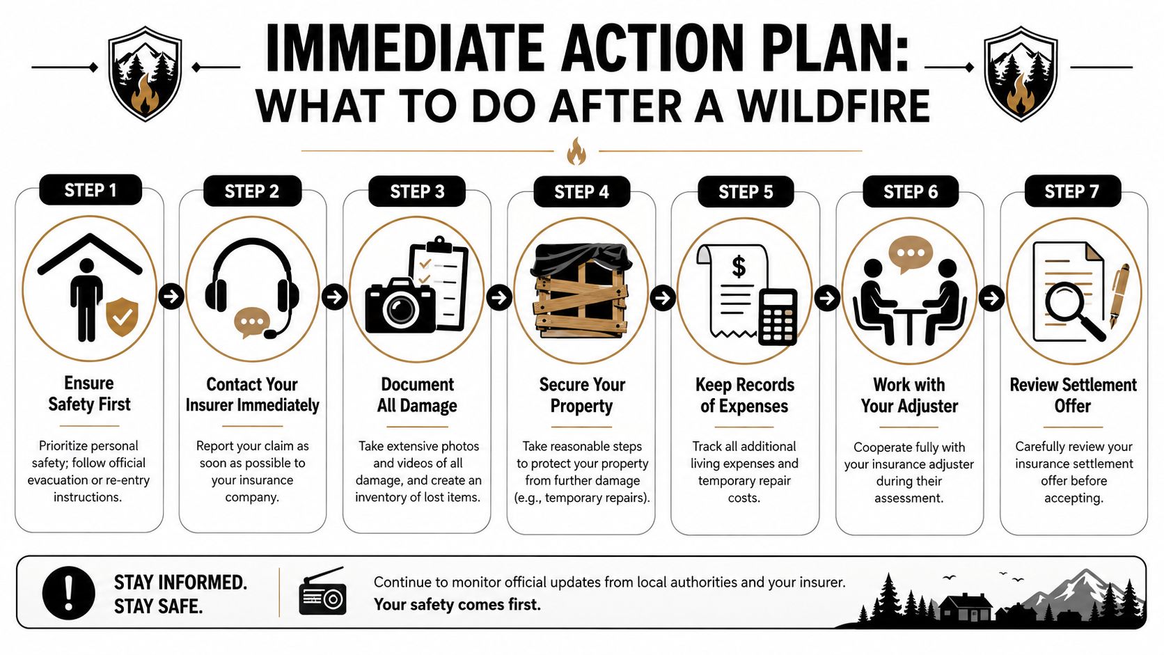 A seven-step action plan infographic guide on what steps to take after a wildfire occurs.