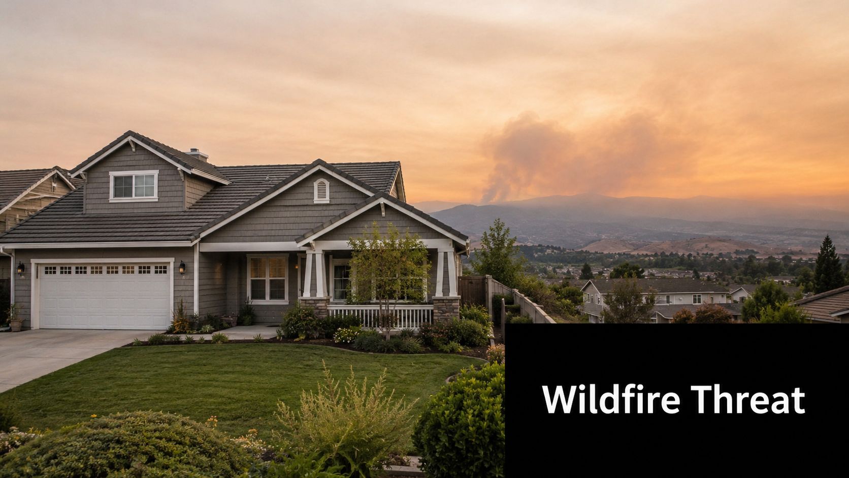 A house in a suburban neighborhood with a large wildfire smoke plume visible in the distance.