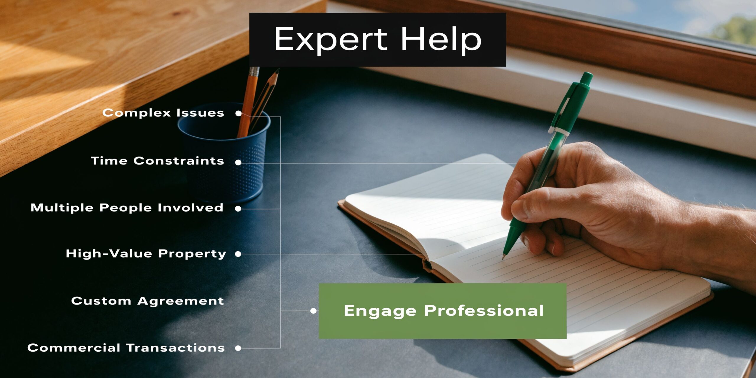 A hand writing in a notebook near a list of professional scenarios requiring expert legal assistance.