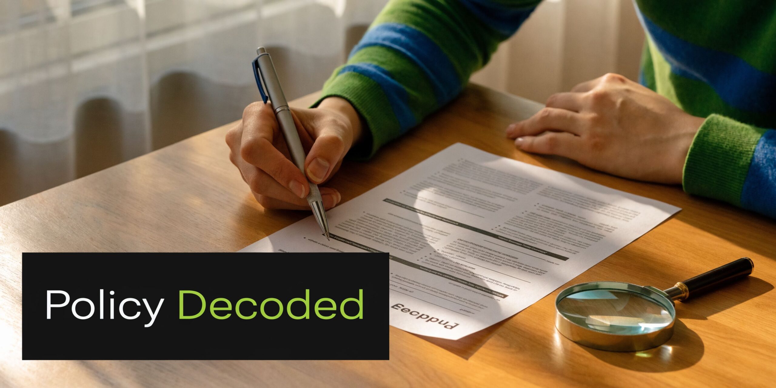 A person writing on a document on a wooden desk next to a magnifying glass.