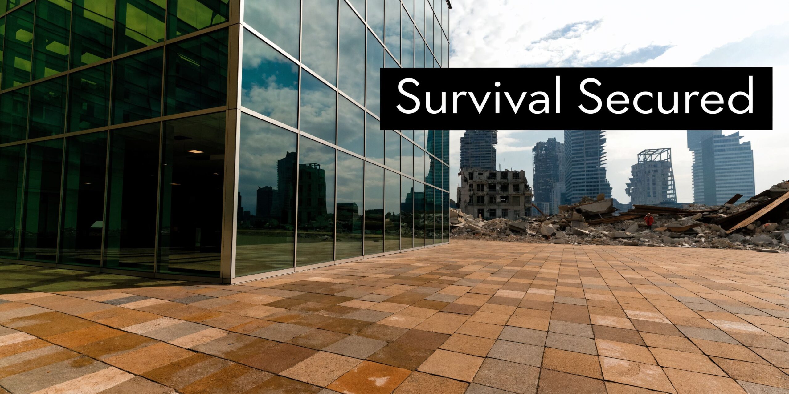 A sleek modern glass office building standing beside a city area completely destroyed by a catastrophic event.