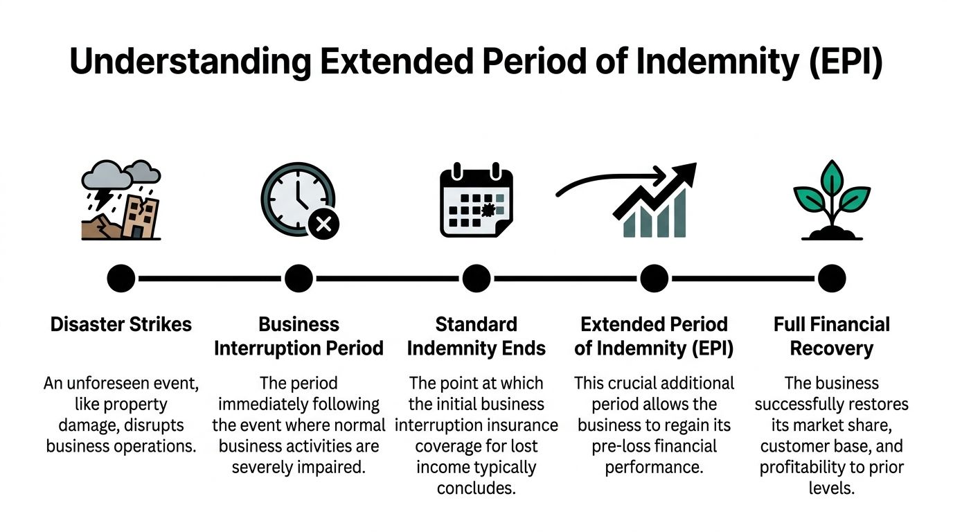 A timeline graphic illustrating the stages of Extended Period of Indemnity following a business disaster event.