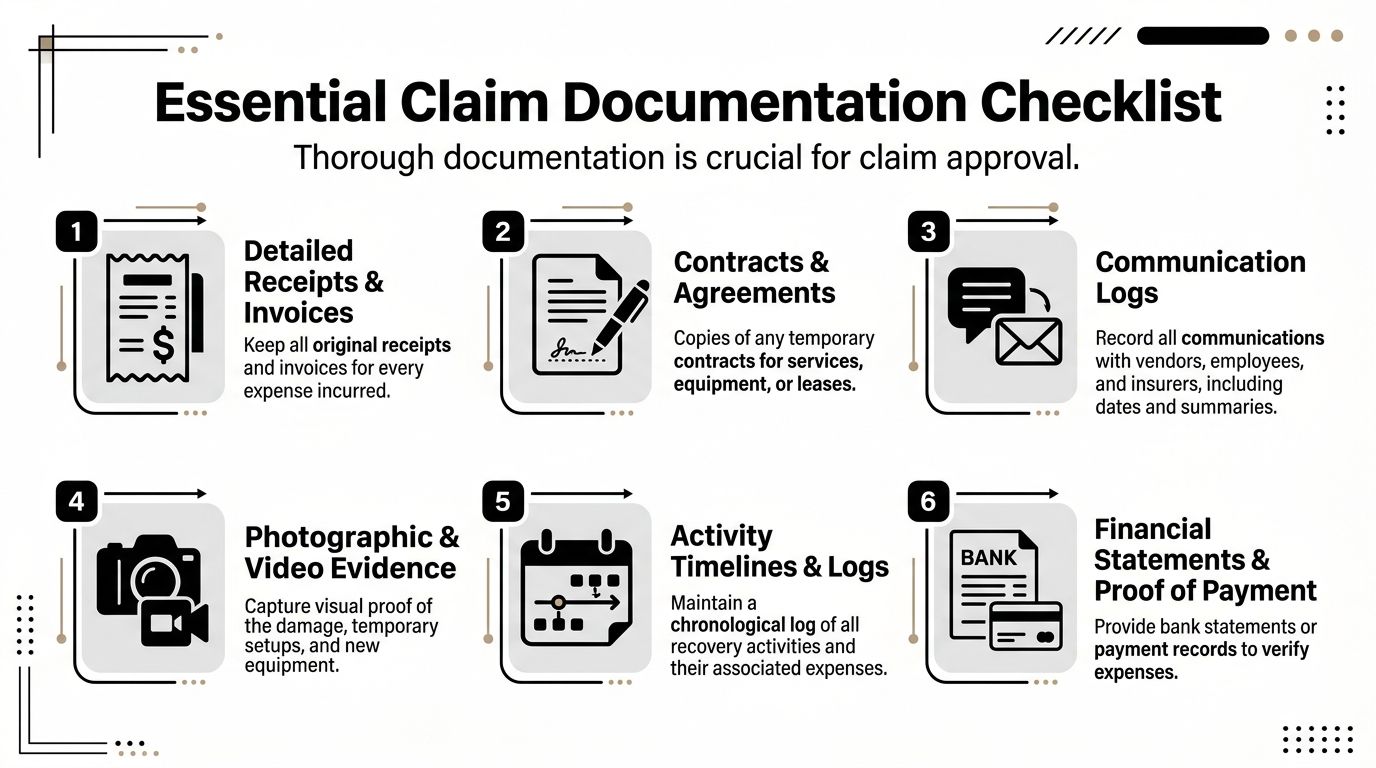 An infographic titled Essential Claim Documentation Checklist outlining six key documents required for insurance claim approval.