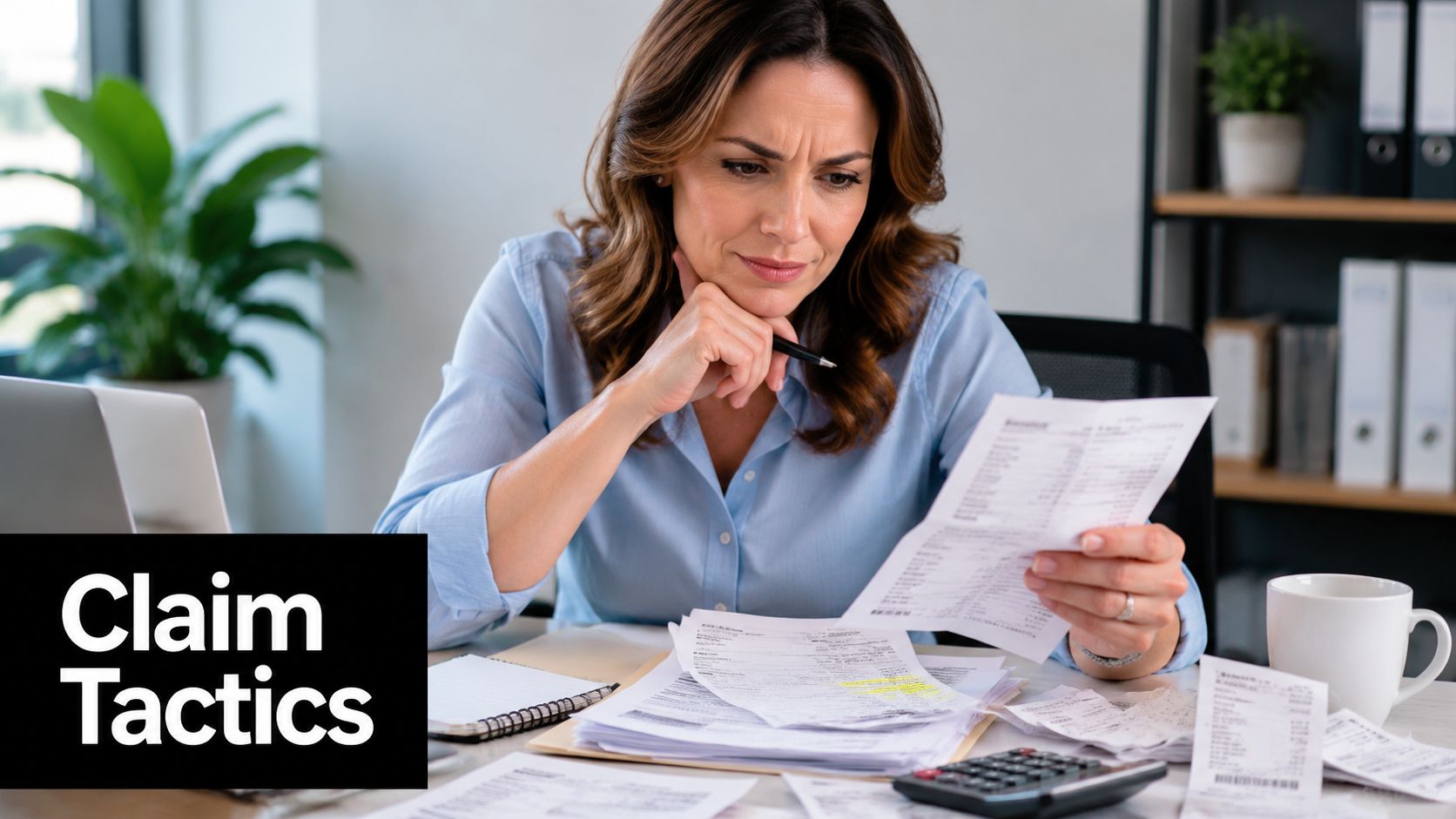 A professional woman reviews insurance documents at her desk, considering extra expense coverage and claim details.