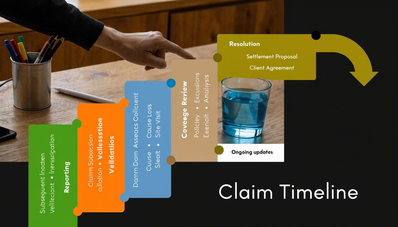 A graphical step-by-step claim timeline illustration displaying the stages from initial reporting to final settlement resolution.
