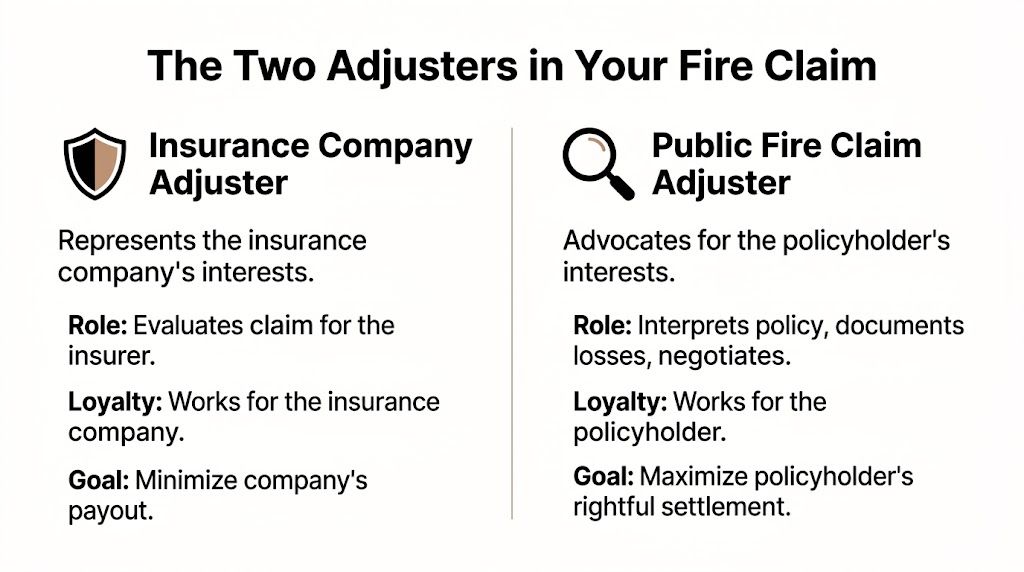A comparison chart outlining the differences between an insurance company adjuster and a public fire claim adjuster.