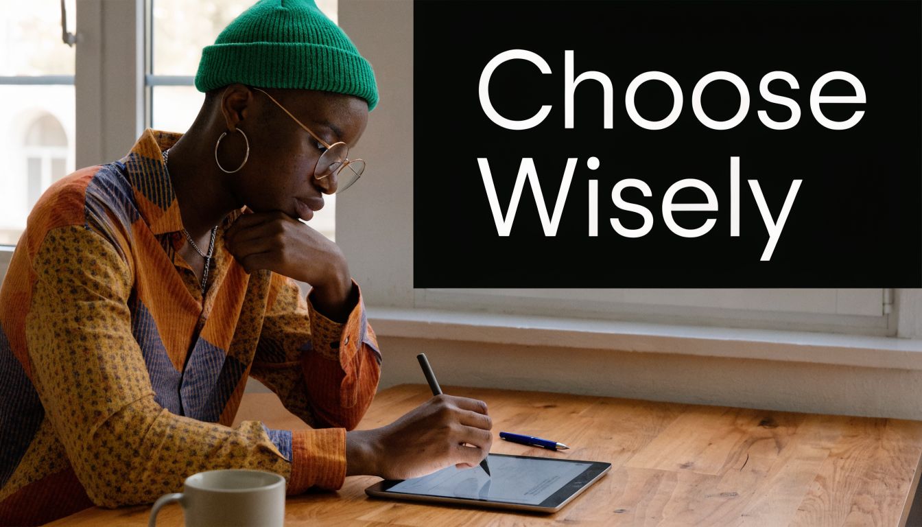 A person wearing a green beanie writing on a digital tablet at a wooden desk.
