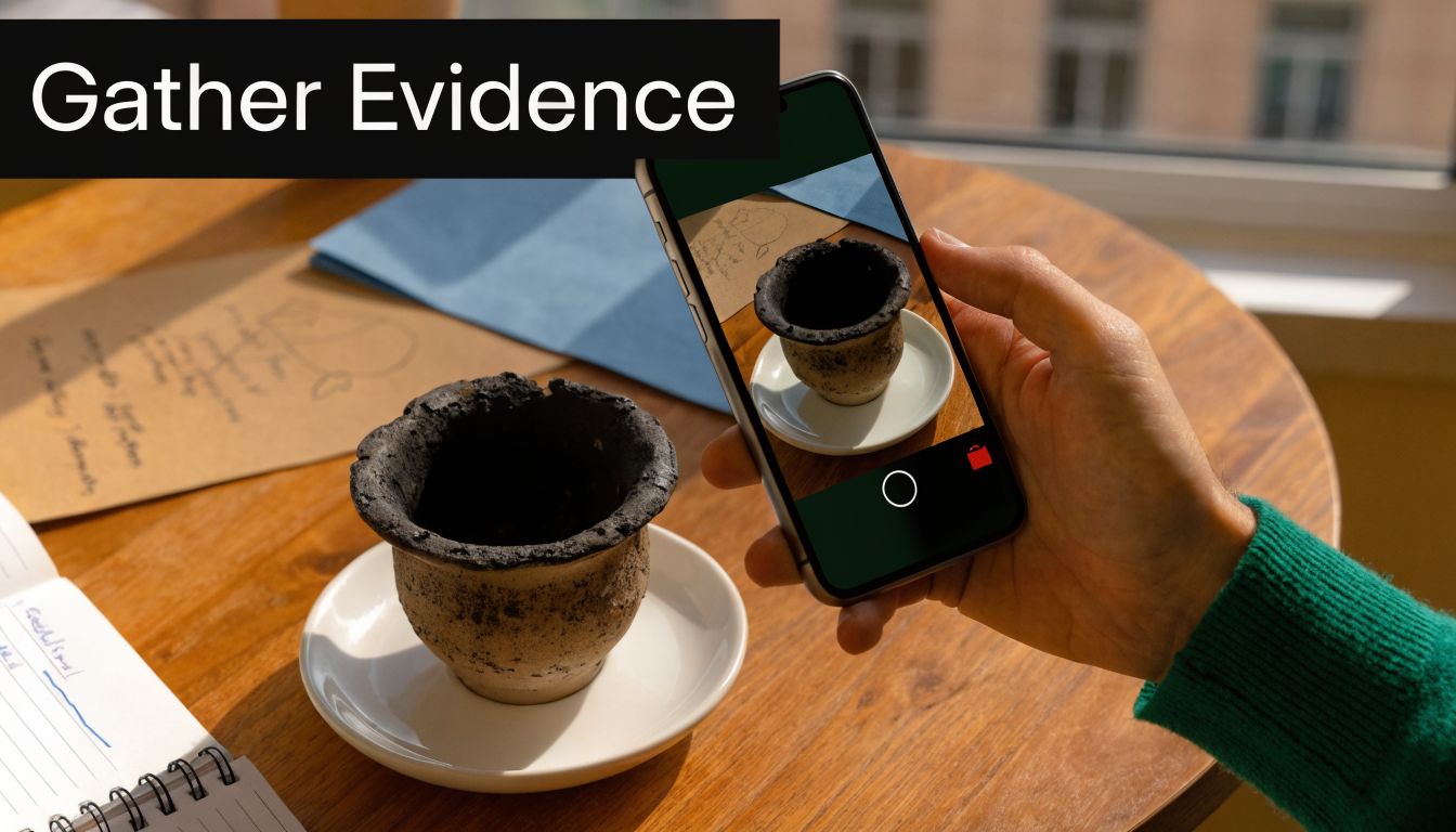 A person using a smartphone to photograph a burnt cup on a saucer for evidence documentation.