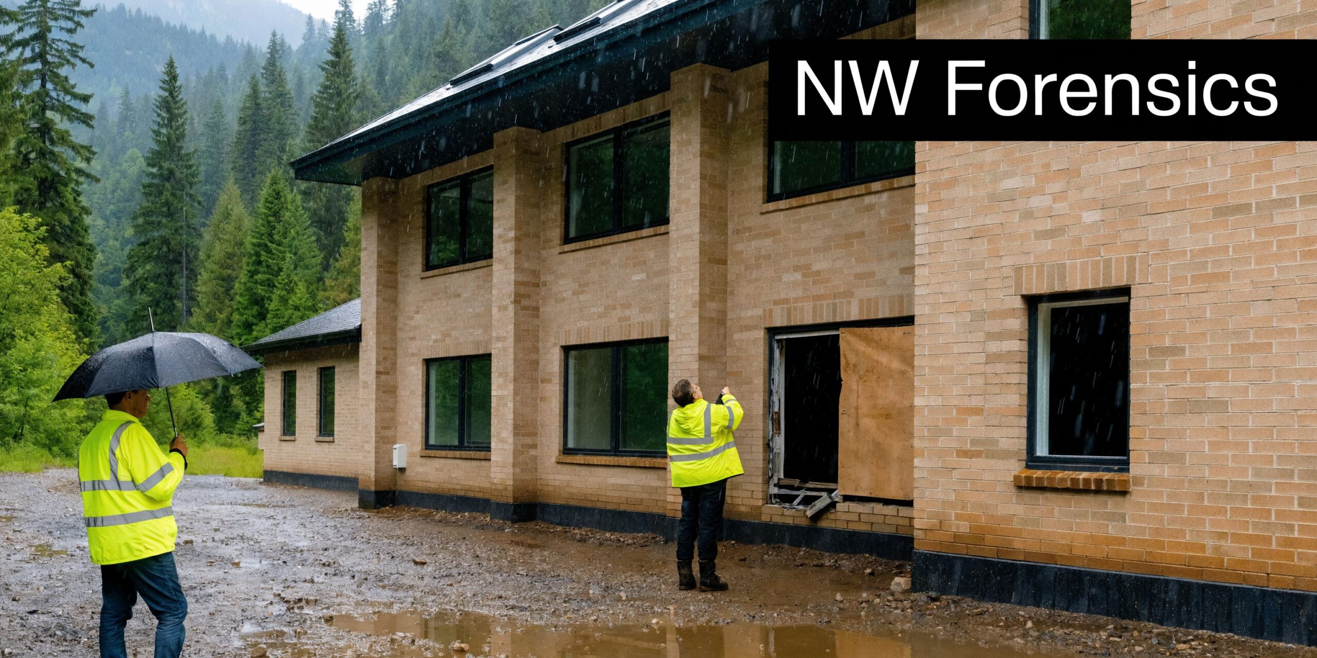 A forensic engineer in a high-visibility jacket examines a damaged building facade in the rain.