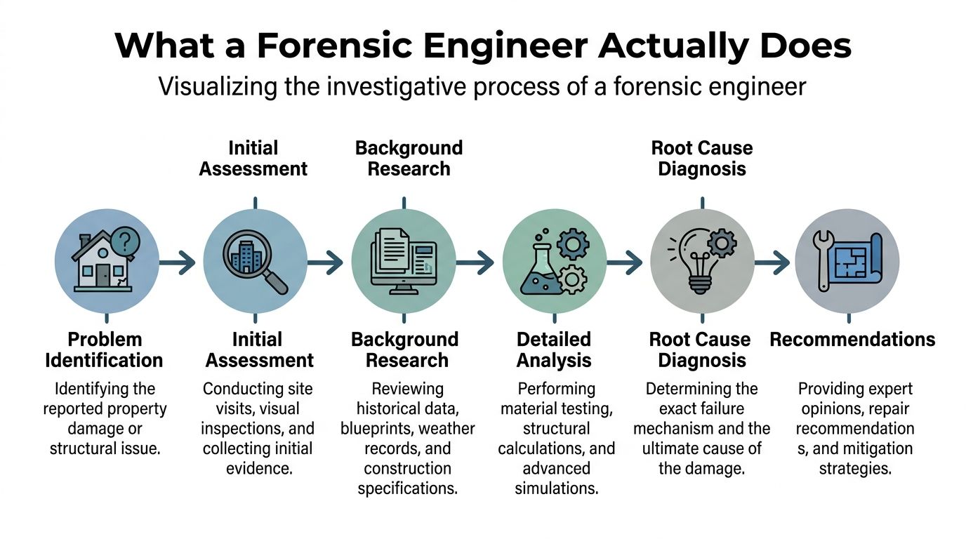A flowchart infographic detailing the six steps of the forensic engineering investigative process from identification to recommendations.