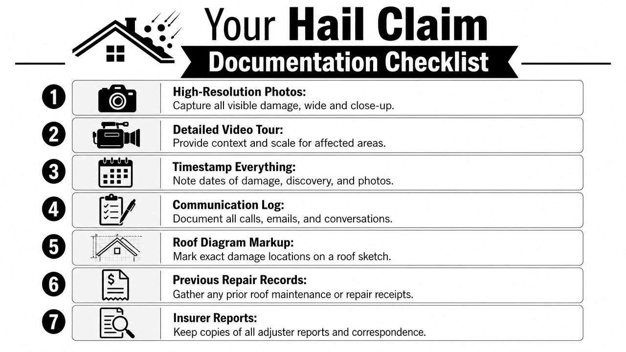 A checklist illustrating seven essential steps for documenting property damage for a hail insurance claim.