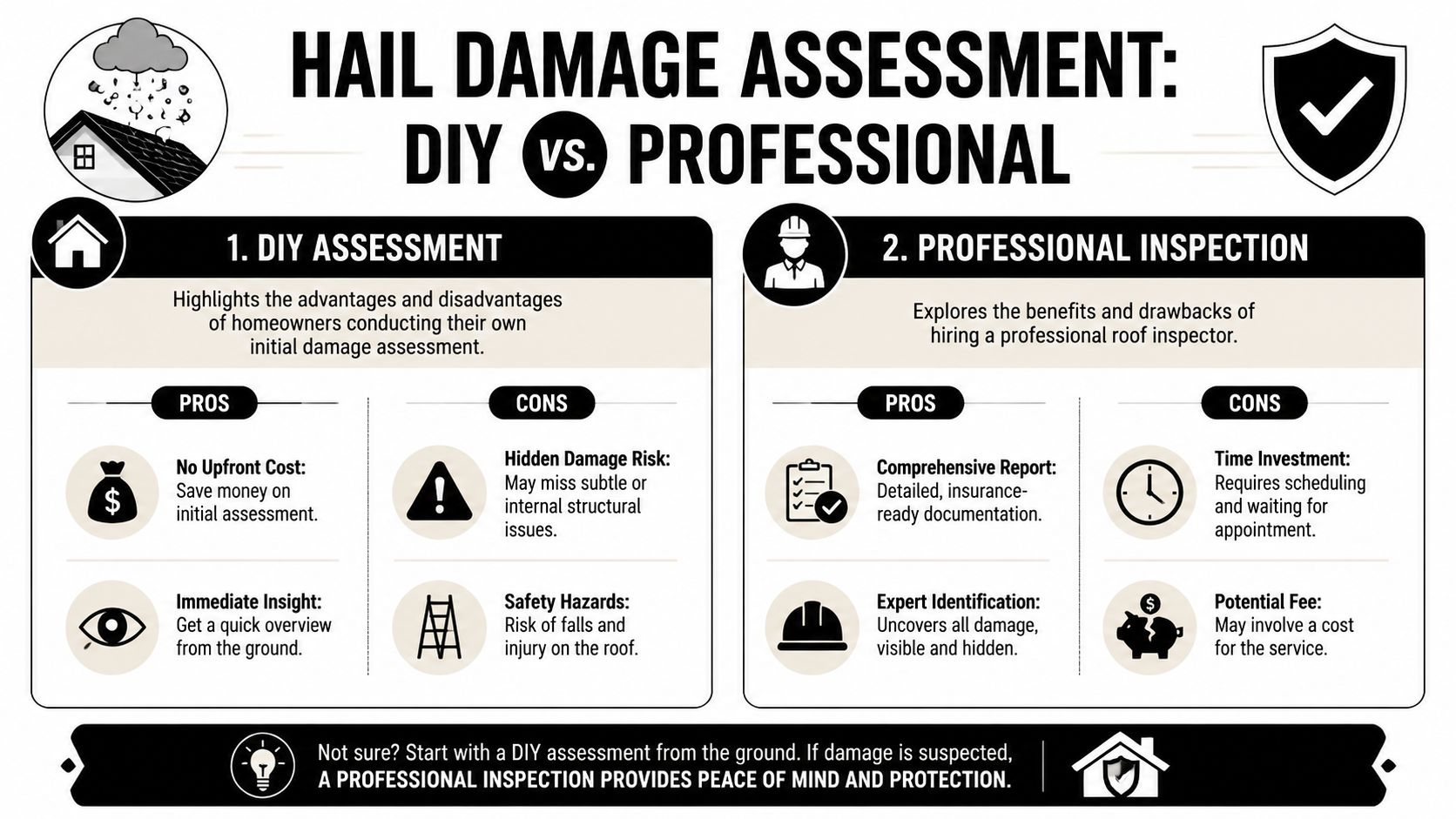 A comparative infographic highlighting the pros and cons of DIY versus professional roof hail damage assessments.