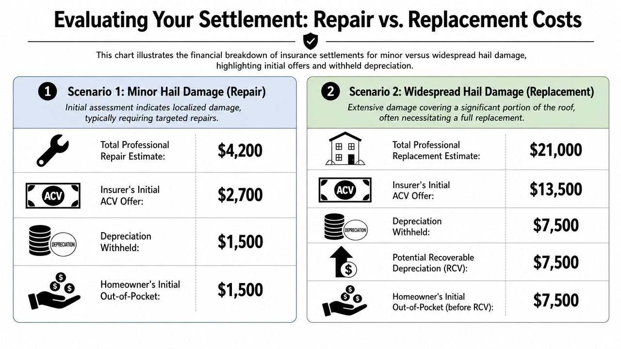 A comparison chart showing financial breakdowns of insurance settlements for minor versus widespread hail damage to roofs.