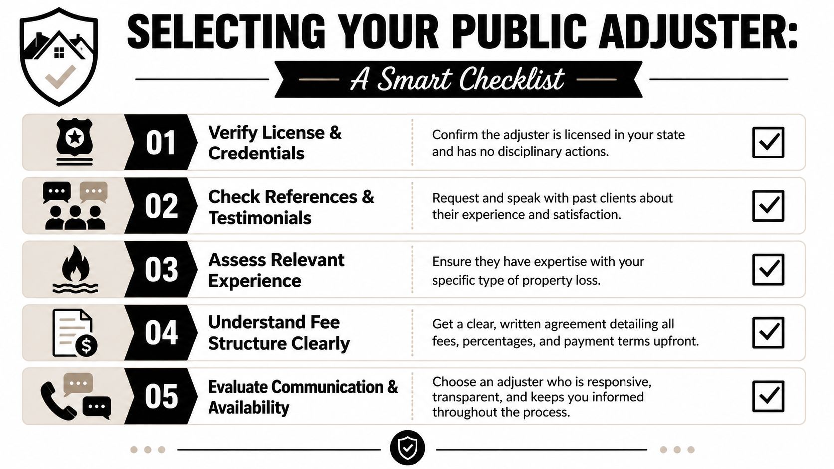 A checklist for selecting a public adjuster with five key steps including license verification and references.
