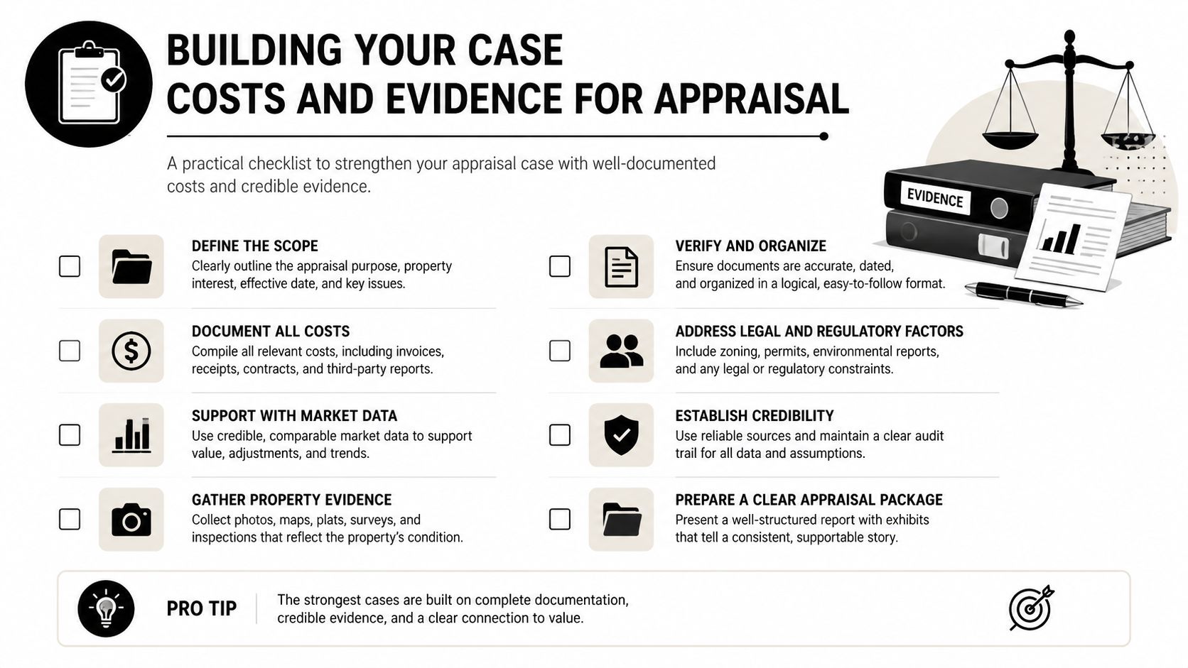 A checklist infographic titled Building Your Case: Costs and Evidence for Appraisal with professional icons and tips.