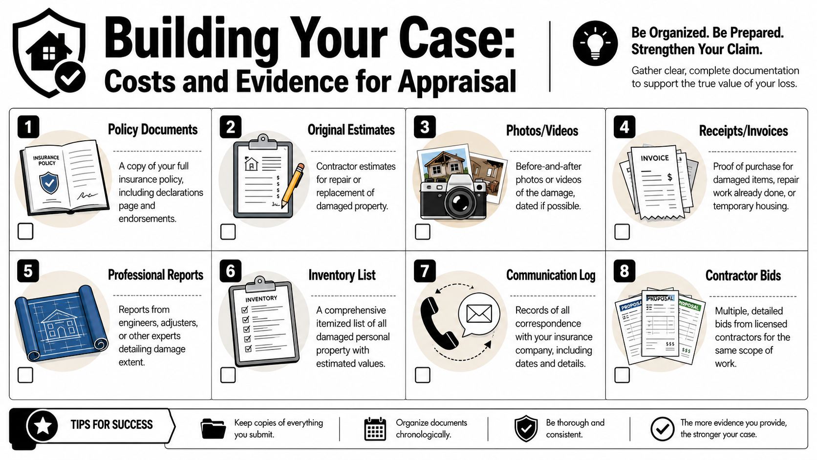 An infographic detailing eight essential documents for building a strong home insurance appraisal claim.